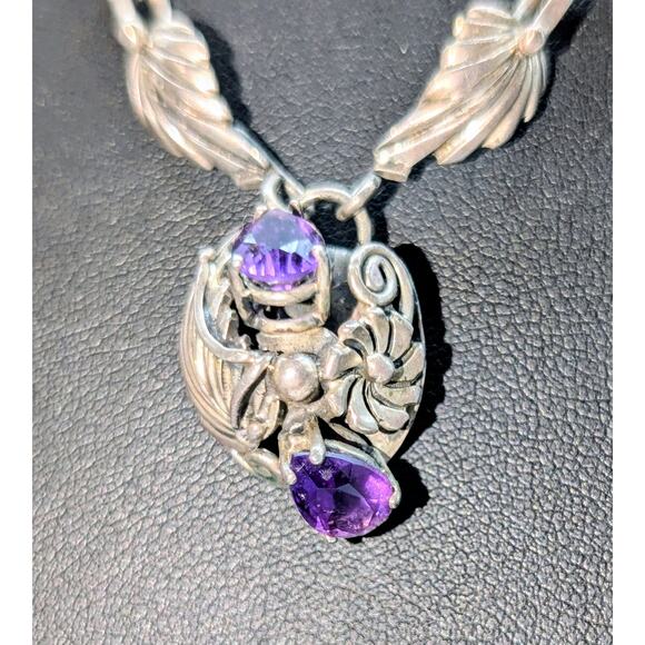 Vintage 925 Sterling Silver Purple Gemstone Leaf Flower Design 20" Necklace - Picture 6 of 15